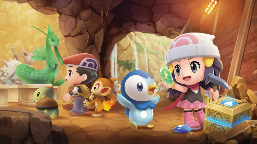 absurdres blue_sky cave chibi chimchar dated dawn_(pokemon) game_freak gen_1_pokemon gen_3_pokemon gen_4_pokemon highres looking_at_another lucas_(pokemon) milotic nintendo official_art omastar pink_skirt piplup pokemon pokemon_bdsp psyduck sculpture skirt skitty sky thunderstone turtwig waterstone
