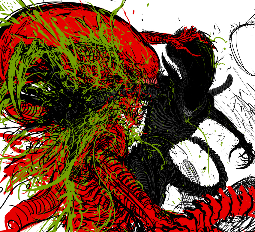 2others alien_(series) biomechanical blood claws drooling fangs fighting green_blood highres injury monster mouth_drool multiple_others no_eyes no_humans punching reaching science_fiction spaghetti-bastard spikes tail teeth xenomorph