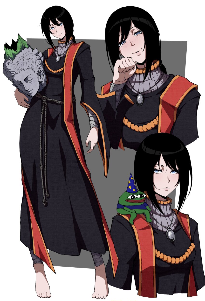 1girl absurdres bandaged_ankle barefoot black_hair black_robe blue_eyes breasts elden_ring gem green_gemstone highres jewelry kekel long_hair medium_breasts necklace pepe_the_frog robe simple_background smile smirk sorceress_sellen stole stone_mask