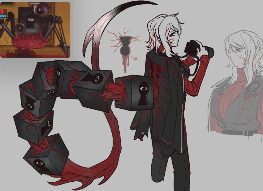 1girl black_coat black_pants camera coat coat_on_shoulders eyeball faust_(project_moon) flesh gaze_(e.g.o) hands_up highres holding holding_camera keyhole limbus_company lobotomy_corporation long_sleeves looking_at_viewer multiple_views ohzv pants project_moon red_sweater ribbed_sweater schadenfreude_(project_moon) short_hair simple_background sweater tail white_background white_hair