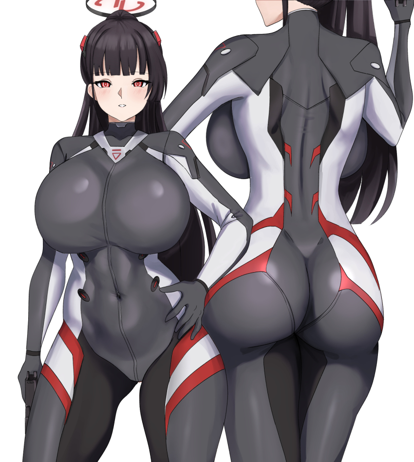 1girl ass backboob black_bodysuit black_hair black_halo blue_archive bodysuit breasts covered_navel curvy cyka facing_away halo hand_on_own_hip high_ponytail highres huge_breasts long_hair multiple_views parted_lips ponytail red_eyes rio_(blue_archive) rio_(bodysuit)_(blue_archive) simple_background skin_tight very_long_hair white_background