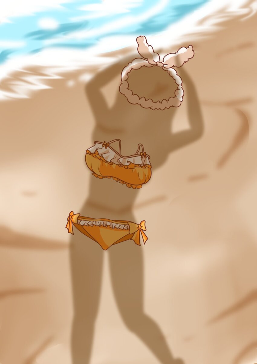 1girl arms_up beach bikini bow bow_bikini completely_nude day dressed_shadow_(meme) female_pov frilled_bikini frills hair_ribbon hairband highres implied_nudity kunikida_hanamaru love_live! love_live!_sunshine!! nude ocean official_alternate_costume orange_bikini orange_bow outdoors pov ribbon sand shadow signature solo standing swimsuit unworn_bikini unworn_clothes water white_bikini white_bow white_hairband white_ribbon yellow_bikini yellow_bow