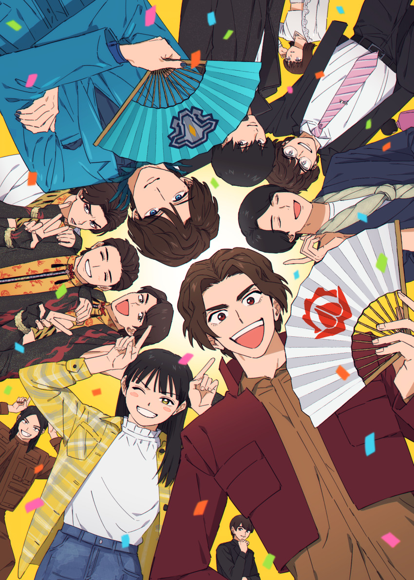 absurdres avataro_sentai_donbrothers group_picture highres inuzuka_tsubasa kijino_tsuyoshi kito_haruka momoi_tarou momotani_jirou multiple_boys multiple_girls number11 saruhara_shinichi sonoi_(donbrothers) sononi_(donbrothers) sonoza_(donbrothers) super_sentai tsubasa_inuzuaka