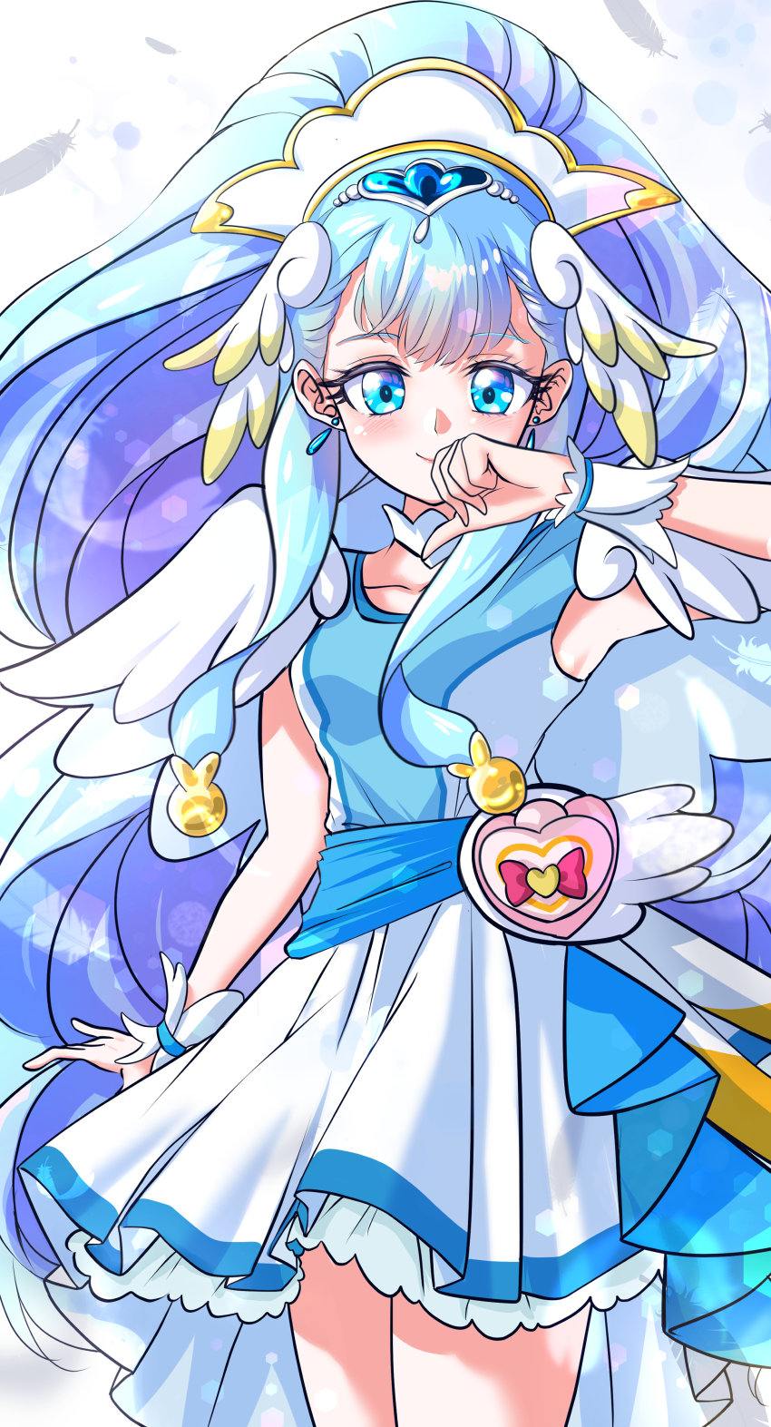1girl absurdres blue_eyes blue_hair blue_wrist_cuffs blush boots breasts cowboy_shot cure_ange dress earrings feathers hair_ornament hat heart_pouch highres hugtto!_precure jewelry kakikakilemon long_hair looking_at_viewer magical_girl nurse_cap precure see-through_clothes skirt smile solo tiara very_long_hair white_background wrist_cuffs yakushiji_saaya