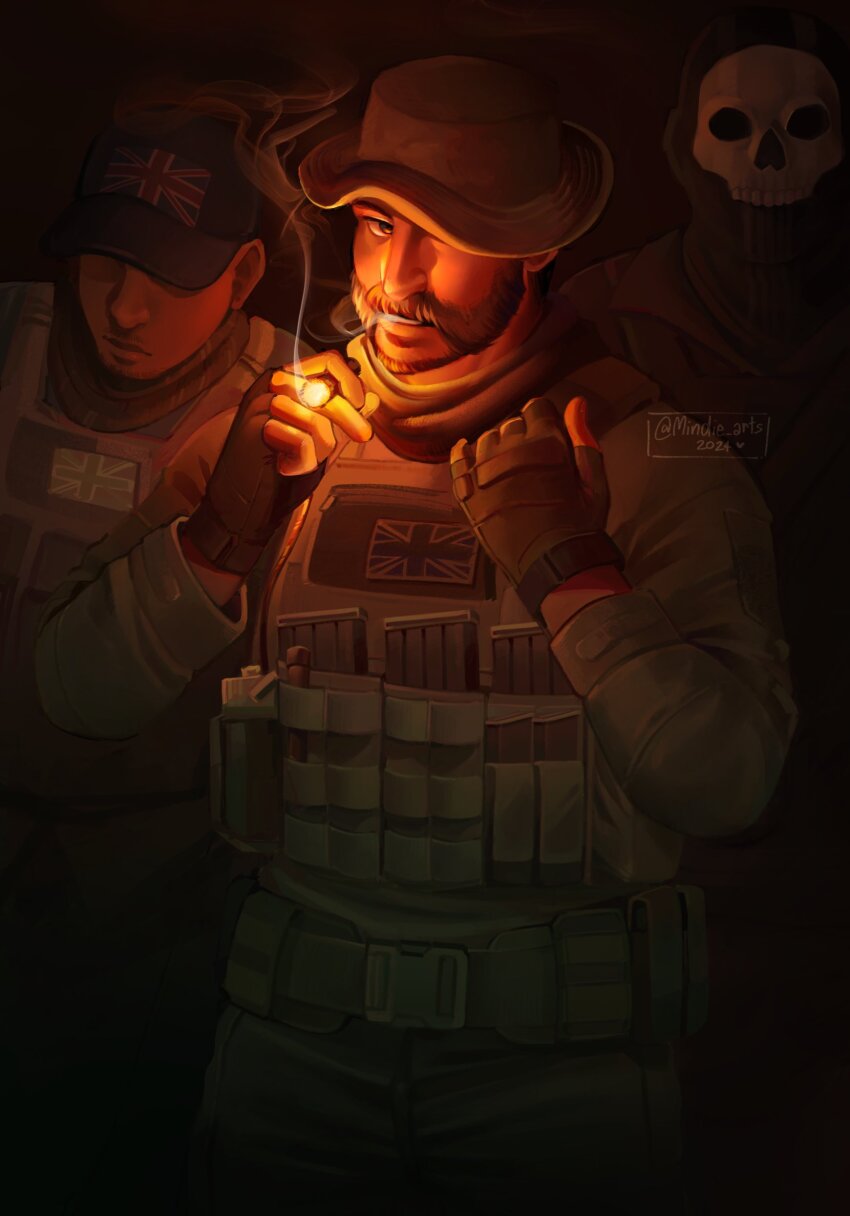 3boys absurdres baseball_cap belt bulletproof_vest call_of_duty call_of_duty:_modern_warfare_2 captain_price cigar closed_mouth facial_hair fingerless_gloves gaz_(call_of_duty_4) ghost_(modern_warfare_2) gloves hat highres holding holding_cigar looking_at_viewer male_focus mask mindiearts multiple_boys pants scarf skull_mask twitter_username
