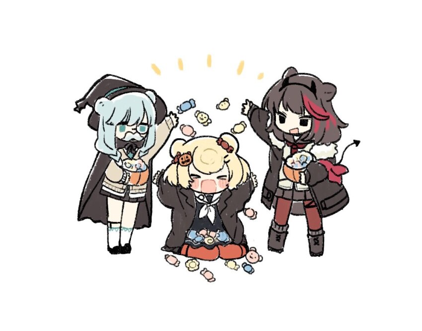 &gt;_&lt; 3girls animal_ears arknights bear_ears black_cape black_eyes black_hat black_jacket black_shirt black_skirt blonde_hair blush_stickers boots brown_hair candy candy_hair_ornament cape chibi commentary demon_tail fake_facial_hair fake_horns fake_mustache fake_tail food food-themed_hair_ornament full_body fur_collar green_eyes green_hair gummy_(arknights) hair_ornament halloween_bucket halloween_costume hat horn_hairband horns istina_(arknights) jack-o&#039;-lantern jack-o&#039;-lantern_hair_ornament jacket legwear_garter long_hair long_sleeves medium_hair multicolored_hair multiple_girls neckerchief open_mouth orange_pantyhose pantyhose red_hair red_pantyhose sailor_collar shirt shoes simple_background single_legwear_garter sitting skirt socks standing streaked_hair sweater symbol-only_commentary tail two-tone_hair wariza white_background white_neckerchief white_sailor_collar white_socks witch_hat wrapped_candy yukijiro zima_(arknights)