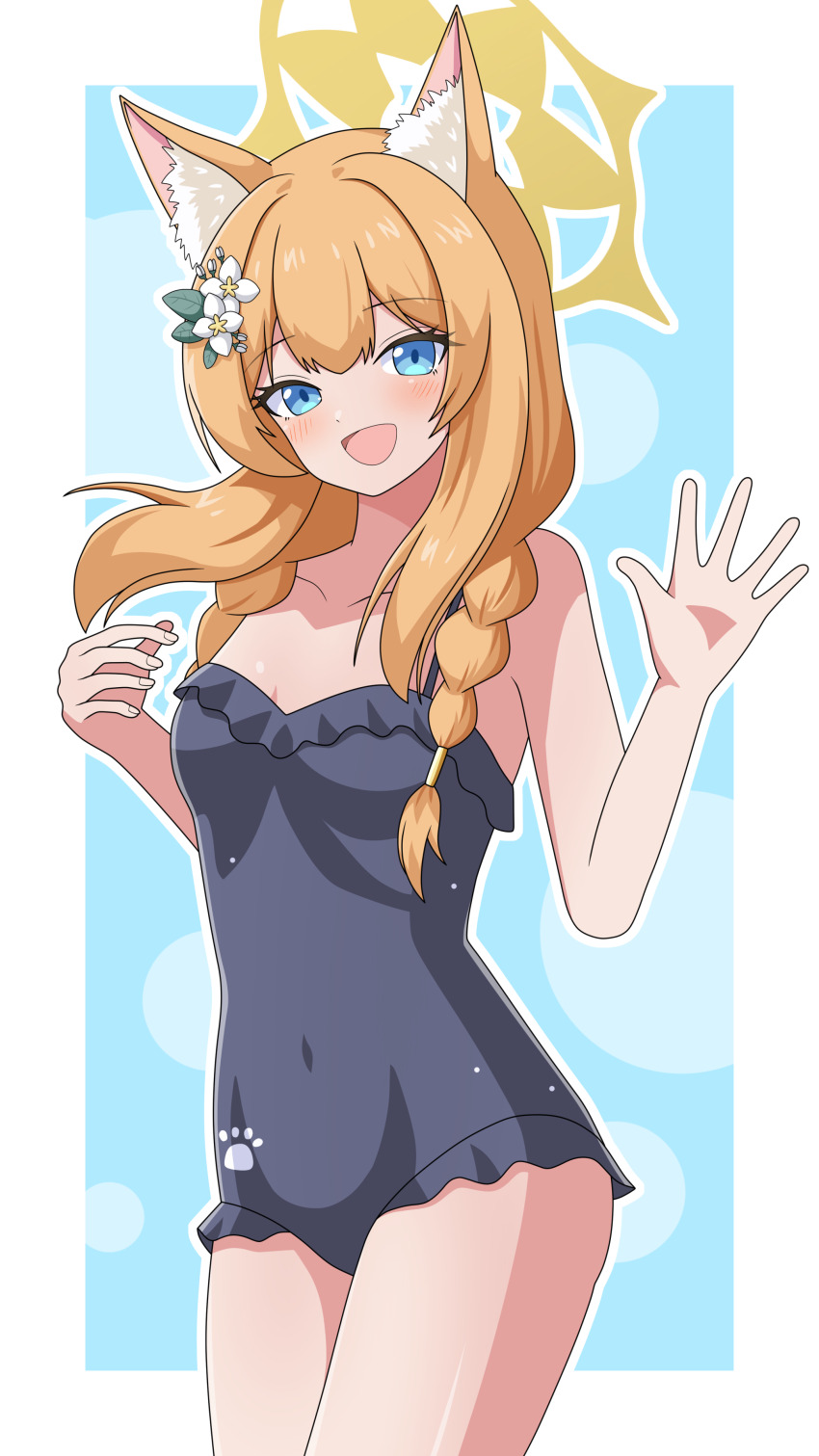 1girl :d absurdres animal_ear_fluff animal_ears black_one-piece_swimsuit blue_archive blue_background blue_eyes blush border braid breasts casual_one-piece_swimsuit cat_ears commentary_request cowboy_shot eyelashes floating_hair flower frilled_one-piece_swimsuit frills hair_flower hair_ornament hands_up happy highres leaf_hair_ornament long_hair looking_at_viewer mari_(blue_archive) mari_(swimsuit)_(blue_archive) official_alternate_costume official_alternate_hairstyle one-piece_swimsuit open_mouth orange_hair outside_border outstretched_hand paw_print simple_background small_breasts smile solo spaghetti_strap swimsuit tsurime twin_braids waving white_border white_flower youjinbou_(lizardman730)