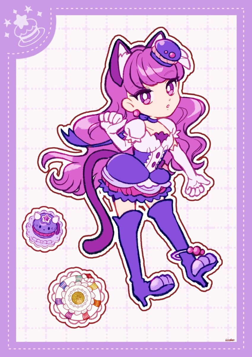 1girl :o animal_ear_fluff animal_ears animal_shoes anklet blunt_bangs boots border bow bow_choker bright_pupils bubble_skirt buttons cat_ears cat_girl cat_tail center_frills choker clenched_hands collarbone compact_(cosmetics) cosmetics cure_macaron deformed dot_nose dotted_line earrings elbow_gloves eyelashes food food-themed_clothes food-themed_hair_ornament frilled_skirt frilled_sleeves frills full_body gloves grid_background hair_ornament hair_ribbon high-waist_skirt high_heel_boots high_heels highres jewelry kirakira_precure_a_la_mode kotozume_yukari long_hair macaron magical_girl miniskirt open_mouth outline paw_pose precure puffy_short_sleeves puffy_sleeves purple_boots purple_border purple_bow purple_choker purple_eyes purple_hair purple_skirt ribbon shirt short_sleeves signature skirt solo sphere_earrings square_neckline standing tail thigh_boots uwded_207 very_long_hair wavy_hair white_background white_gloves white_outline white_pupils white_ribbon white_shirt