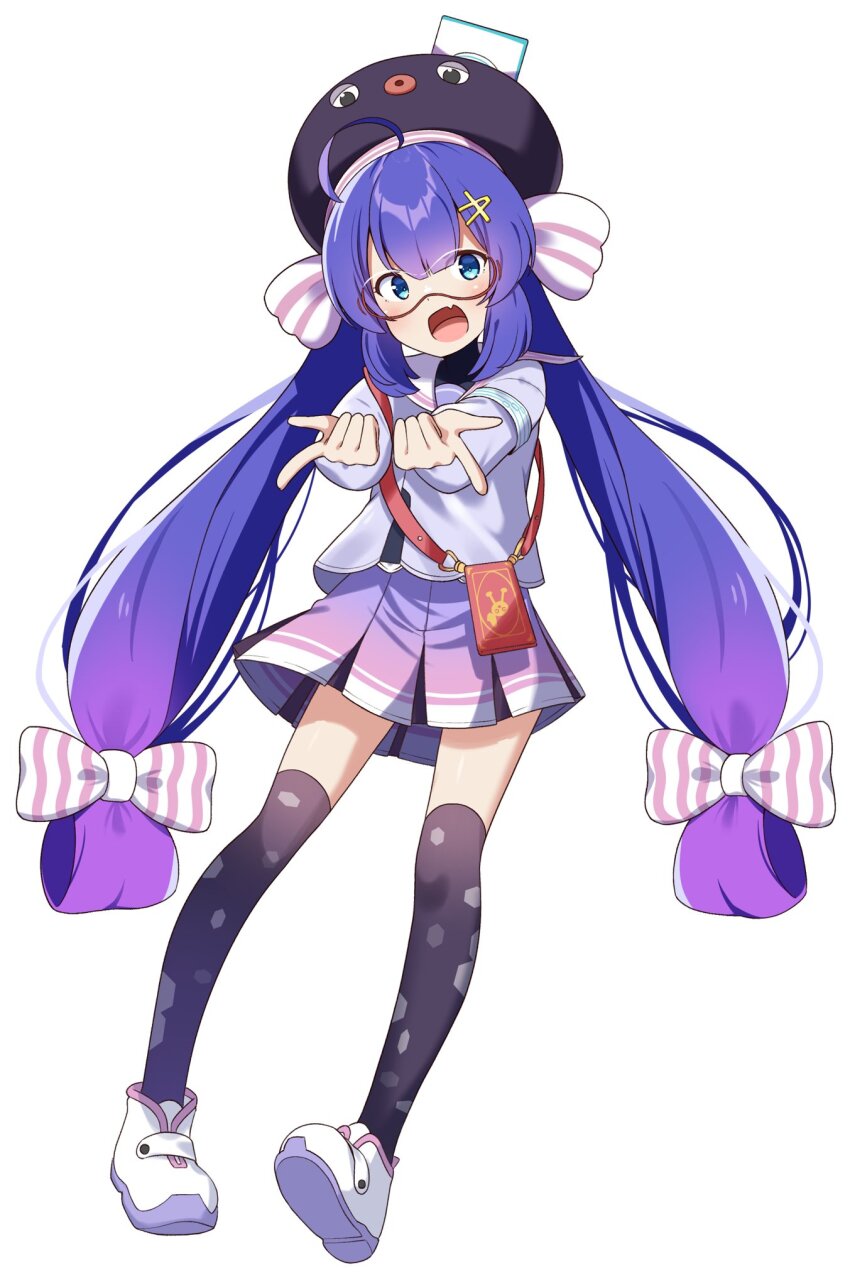 1girl ahoge armband black_hat black_thighhighs black_undershirt blue_eyes blue_hair blue_jacket blunt_bangs bow braid cellphone_strap chaakusu commentary_request eel_hat fang full_body goggles gradient_clothes gradient_hair gradient_skirt gradient_thighhighs hair_between_eyes hair_bow hair_ornament hairclip hat hat_ribbon highres honeycomb_(pattern) honeycomb_print jacket large_hat long_hair long_sleeves looking_at_viewer low-braided_long_hair low-tied_long_hair low_twintails mortarboard multicolored_hair multicolored_shoes multicolored_skirt open_mouth otomachi_una otomachi_una_(voicepeak) over-kneehighs pink_skirt pleated_skirt pointing print_thighhighs puffy_long_sleeves puffy_sleeves purple_hair purple_skirt red-framed_eyewear ribbon safety_pin sailor_collar sailor_jacket shirt shoes shoulder_strap simple_background skin_fang skirt smartphone_case smile solo standing striped_bow striped_ribbon thighhighs turtleneck turtleneck_shirt twintails variant_set vertical-striped_bow very_long_hair voicepeak white_armband white_background white_bow white_ribbon white_sailor_collar white_shoes