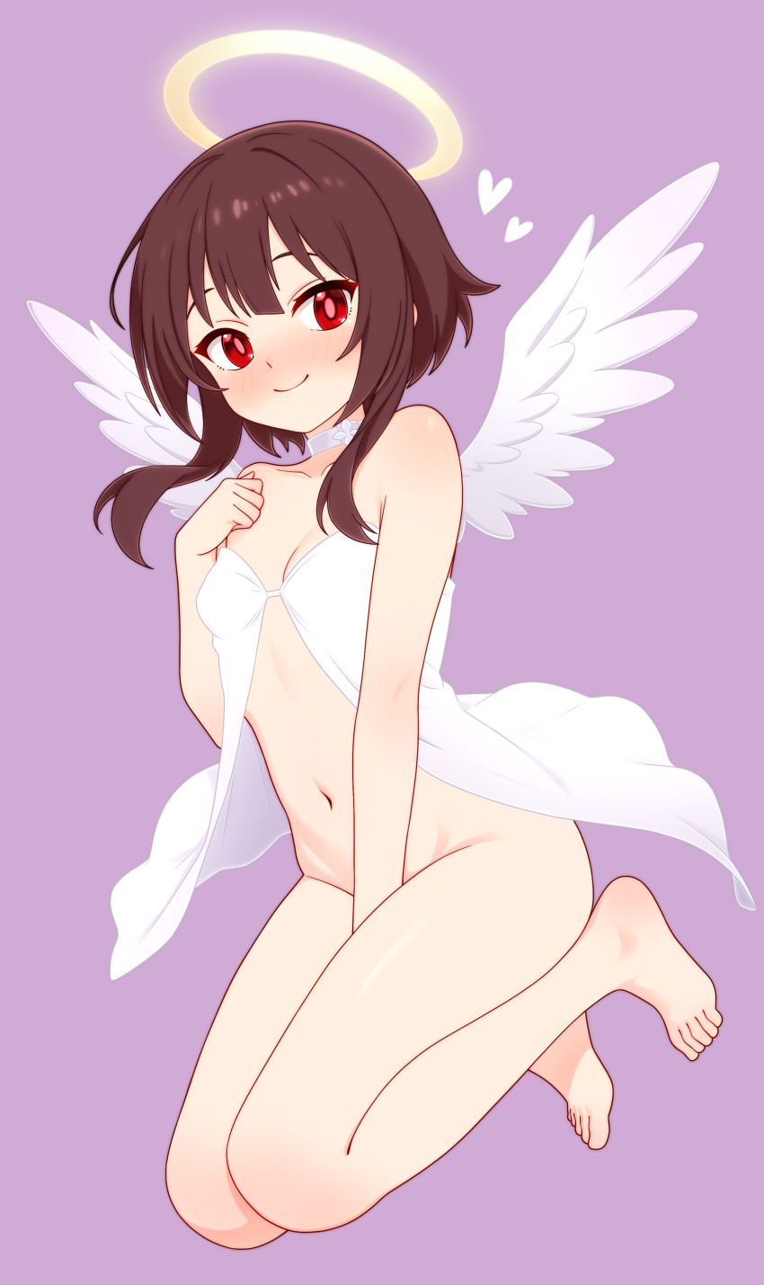 1girl absurdres alternate_costume angel angel_wings babydoll barefoot between_legs blush bottomless breasts brown_hair choker closed_mouth collarbone commentary dullahan_(alekey_art) feathered_wings full_body halo hand_between_legs hand_on_own_chest heart highres kono_subarashii_sekai_ni_shukufuku_wo! light_smile loli looking_at_viewer megumin navel paid_reward_available purple_background red_eyes short_hair_with_long_locks simple_background small_breasts solo thighs traditional_halo white_babydoll white_choker white_wings wings