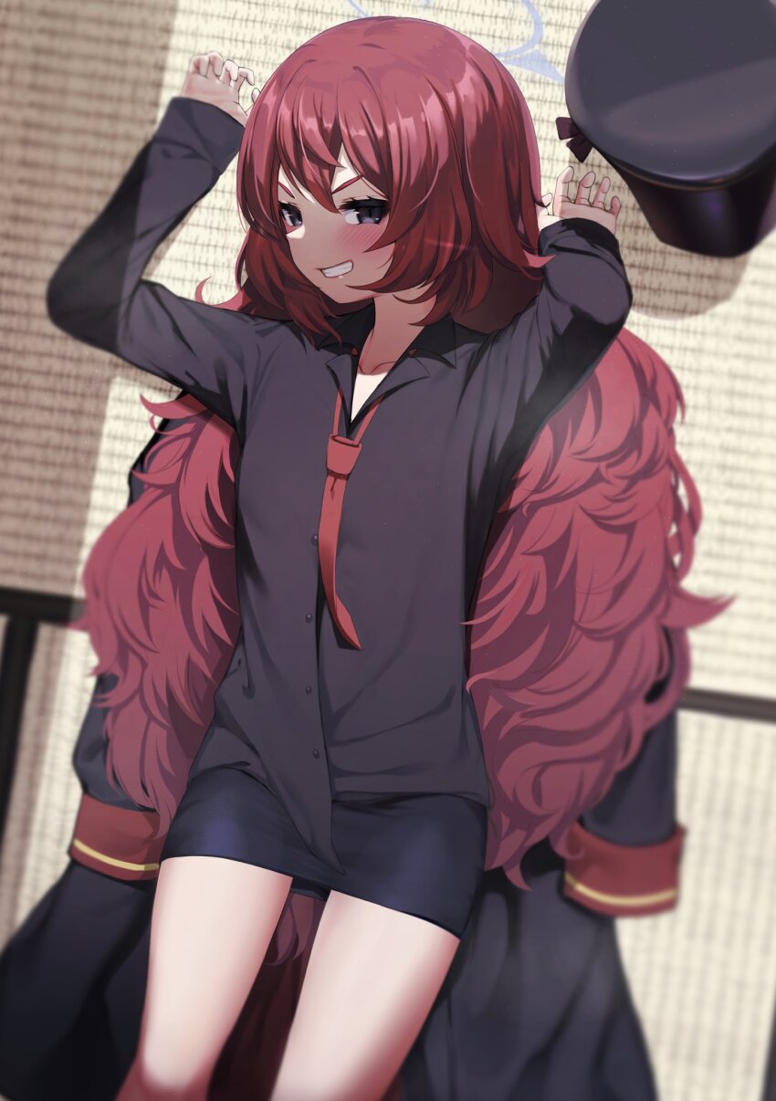 1girl bare_legs black_hat black_shirt black_skirt blue_archive blush grin halo hat highres iroha_(blue_archive) long_hair looking_at_viewer lying necktie red_hair red_necktie school_uniform shirt skirt smile solo toshise. twitter
