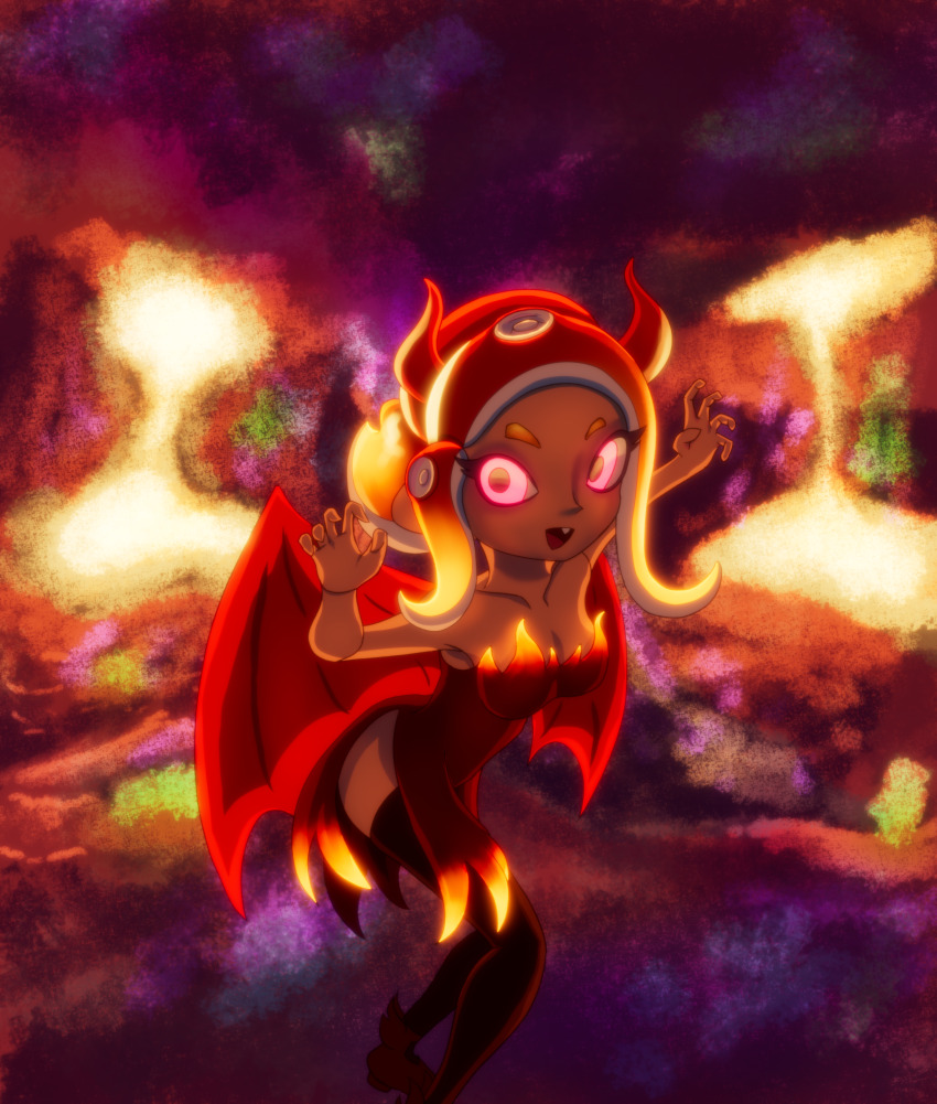 1girl absurdres black_thighhighs breasts claw_pose cleavage collarbone demon_girl demon_horns demon_wings dress fang fire glowing glowing_eyes halloween halloween_costume hell highres horns long_hair looking_at_viewer medium_breasts nintendo octoling octoling_girl octoling_player_character octopus_girl open_mouth pointy_ears red_dress red_eyes red_hair red_shoes shoes side_slit smile soandnb splatoon_(series) standing strapless strapless_dress suction_cups tentacle_hair thighhighs wings
