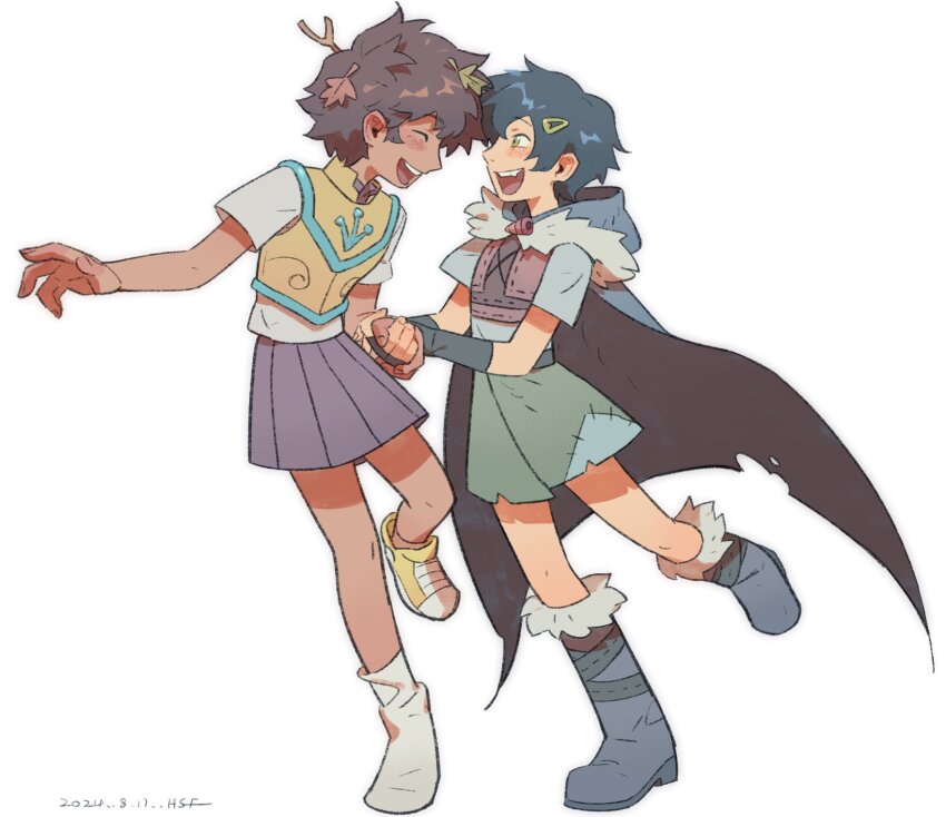 2girls :d amphibia anne_boonchuy armor black_hair blush boots breastplate brown_hair cape closed_eyes dark-skinned_female dark_skin full_body fur-trimmed_boots fur-trimmed_cape fur_trim green_eyes green_skirt hair_ornament hairclip happy highres holding_hands hsffff4444 leaf leaf_on_head looking_at_another marcy_wu multiple_girls open_mouth pleated_skirt purple_skirt ranger_uniform_(amphibia) school_uniform shoes short_hair single_shoe sjms_school_uniform skirt smile socks standing standing_on_one_leg teeth upper_teeth_only white_background