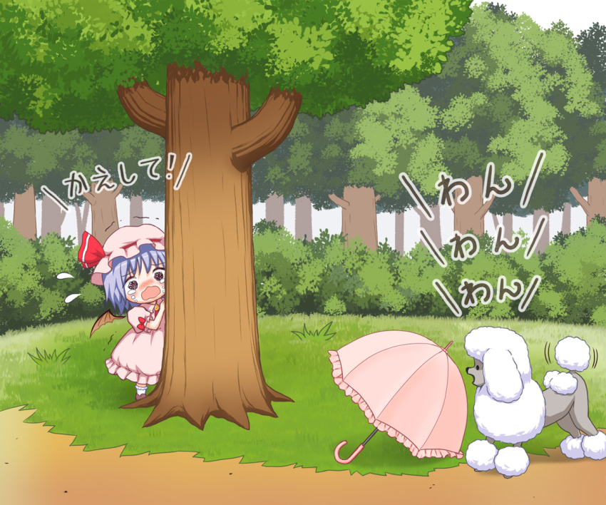 1girl animal barking bat_wings bebeneko bow bush commentary_request crying crying_with_eyes_open day dog dress flying_sweatdrops frills grass hat mob_cap open_mouth outdoors parasol poodle purple_hair remilia_scarlet shoes short_hair socks tears touhou translated tree umbrella wavy_mouth wings