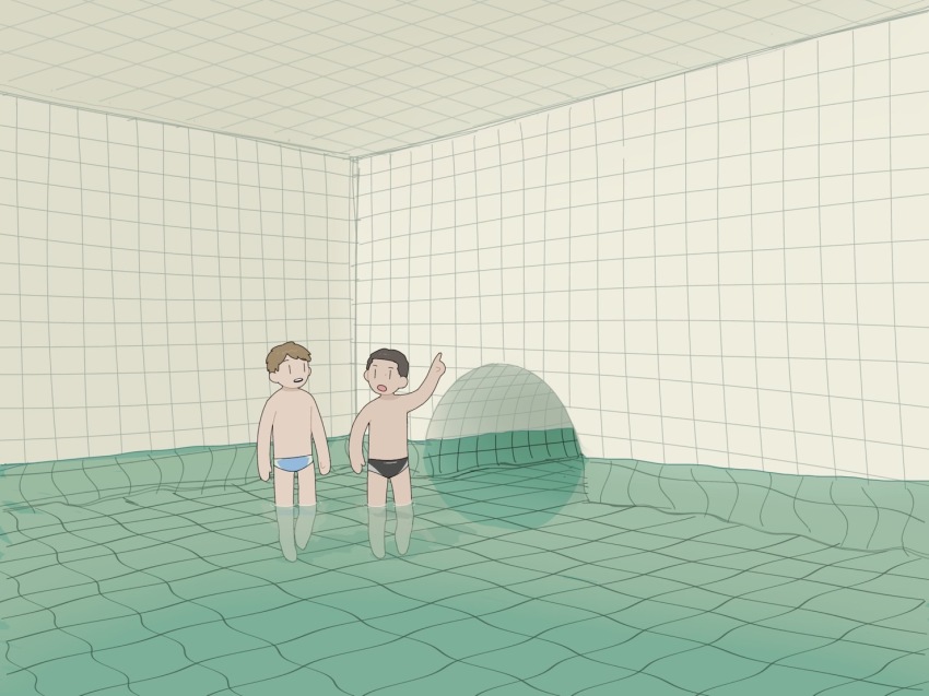 2boys black_hair black_male_swimwear blue_male_swimwear brown_hair ceiling commentary_request dream_pool full_body koko_(meme) liminal_space looking_at_another looking_to_the_side male_focus male_swimwear manatsu_no_yo_no_inmu meme multiple_boys oon_(aa) open_mouth pointing pointing_up pool short_bangs short_hair standing swim_briefs tile_ceiling tile_floor tile_wall tiles toono_(coat) tunnel water wide_shot yajuu_senpai |_|