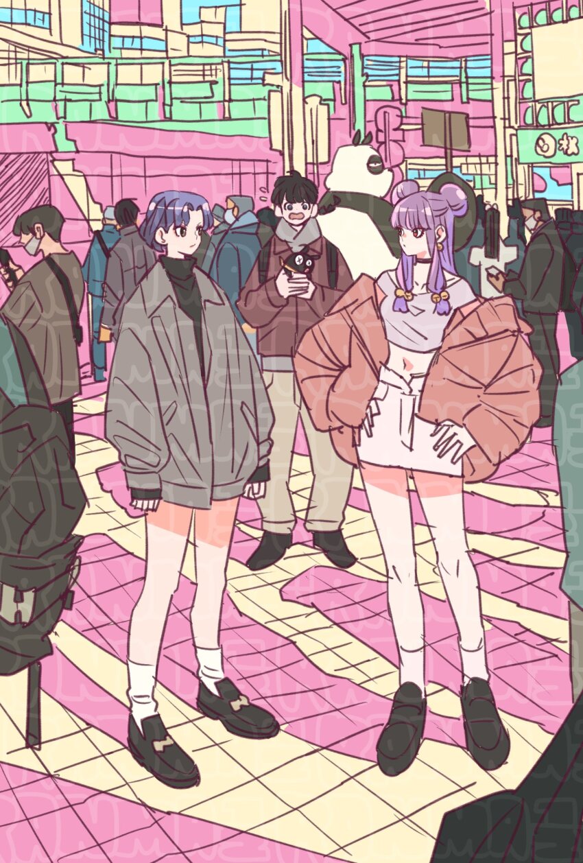 animal bell black_hair blunt_bangs braid braided_ponytail double_bun eye_contact flying_sweatdrops full_body hair_bell hair_bun hair_ornament hands_on_own_hips highres holding hood hoodie looking_at_another mask mouth_mask navel outdoors p-chan panda people purple_hair ranma_1/2 saotome_genma_(panda) saotome_ranma shampoo_(ranma_1/2) short_hair sidelocks skirt socks takeuchi_ryousuke tendou_akane turtleneck