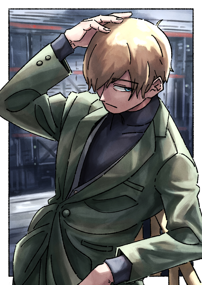 1boy absurdres blonde_hair blue_eyes border char_aznable closed_mouth commentary_request formal_clothes green_suit gundam gundam_gquuuuuux hair_over_one_eye highres male_focus outside_border shirouzu_(gundam) solo standing suit uzumi1201 white_border