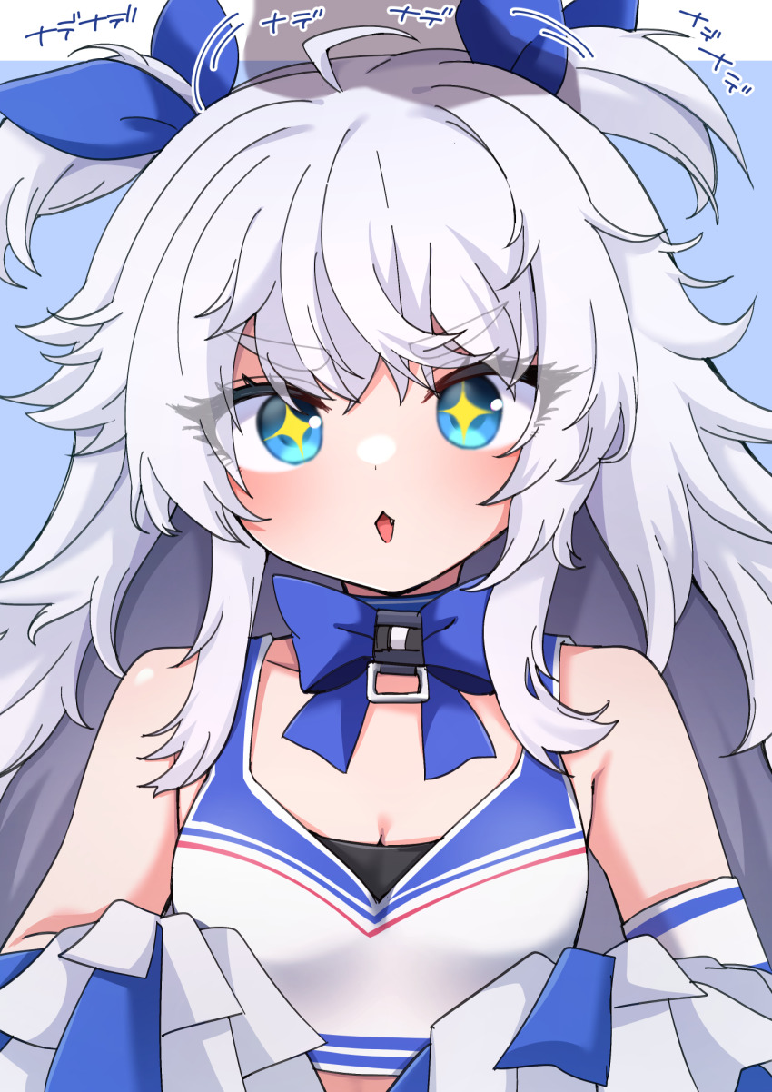+_+ 1girl bare_shoulders blue_background blue_eyes blue_ribbon border breasts cheerleader chiji_komari cleavage fang goddess_of_victory:_nikke grey_hair hair_ribbon highres long_hair looking_at_viewer open_mouth poli_(nikke) pom_pom_(cheerleading) ribbon small_breasts solo thick_eyebrows two_side_up upper_body v-shaped_eyebrows very_long_hair white_border