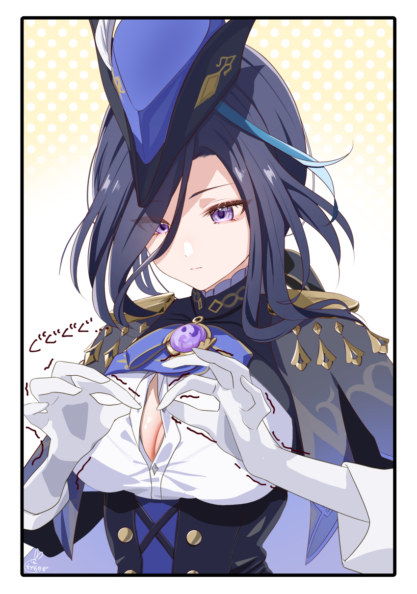 1girl absurdres adjusting_clothes black_corset black_hair blue_cape blue_hat border breasts buttoning cape clorinde_(genshin_impact) closed_mouth commentary_request corset epaulettes genshin_impact gloves hat hat_feather highres inconvenient_breasts kabu_usagi large_breasts long_hair purple_eyes solo tricorne upper_body vision_(genshin_impact) white_border white_gloves