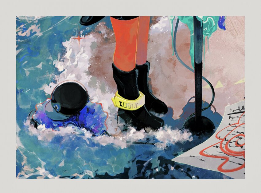 1girl agent_8_(splatoon) anklet black_footwear black_hat black_skirt boots border c.q._cumber_(splatoon) commander_tartar dark-skinned_female dark_skin hat head_out_of_frame highres jewelry leg_focus nintendo paper sea_cucumber shore skirt slime_(substance) sparkle splatoon_(series) splatoon_2 splatoon_2:_octo_expansion standing tentacles tilted_headwear white_border zicbx
