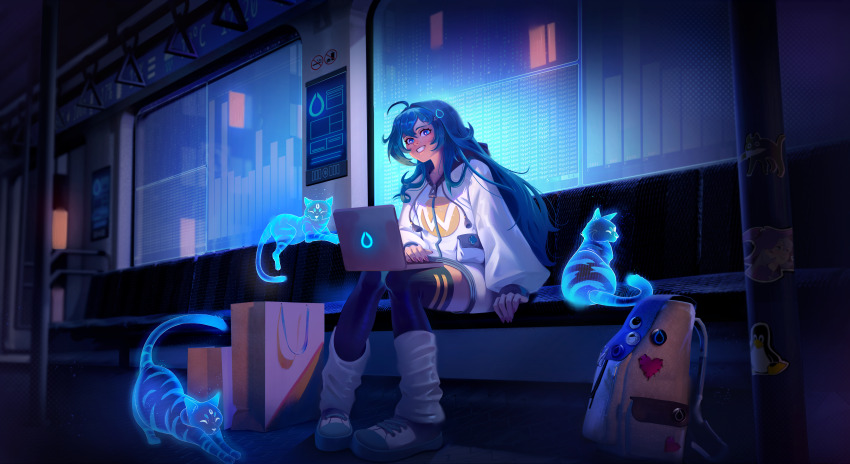 1girl :d absurdres ahoge backpack badge bag black_thighhighs blue_eyes blue_hair button_badge cat commentary computer drawstring english_commentary hair_between_eyes hair_ornament highres hologram holographic_interface hood hooded_jacket hyprland indoors jacket kath_farias laptop leg_warmers linux logo long_hair long_sleeves looking_at_viewer mole official_art official_wallpaper open_mouth original paper_bag pigeon-toed pocket puffy_long_sleeves puffy_sleeves second-party_source shoes shopping_bag sidelocks sitting smile sneakers sticker subway thighhighs tux user_interface water_drop_hair_ornament wayland_(software) white_jacket zettai_ryouiki zipper_pull_tab