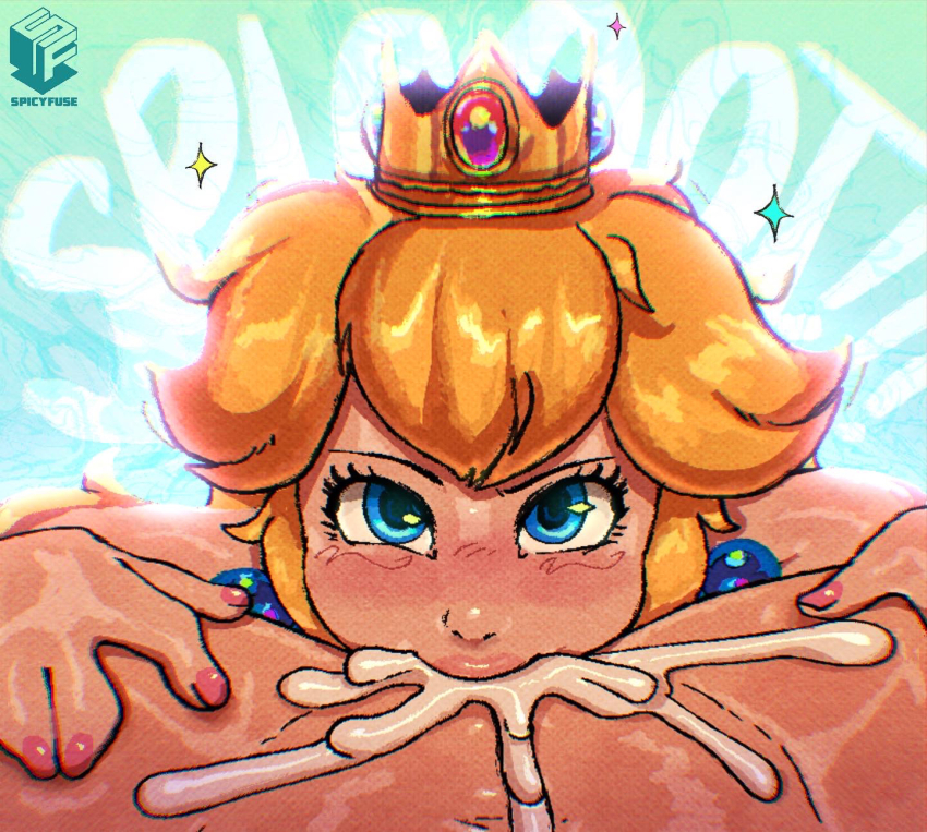 1boy 1girl artist_logo artist_name blonde_hair blue_background blue_eyes blush cheek_bulge crown cum cum_in_mouth deepthroat earrings english_text eyelashes fellatio green_background hetero highres jewelry lips logo looking_at_viewer mario_(series) medium_hair nail_polish nintendo nose nostrils oral pink_lips pink_nails princess_peach solo_focus sound_effects sparkle spicyfuse super_mario_bros._1 thick_lips upper_body