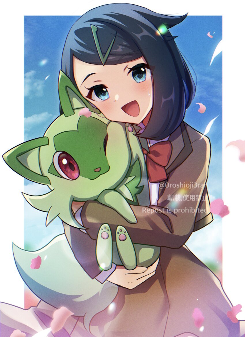 0roshioji3ran 1girl :d aqua_eyes black_hair blush border bow bowtie brown_jacket brown_skirt cloud commentary_request day falling_petals game_freak hair_ornament hairclip highres holding holding_pokemon jacket liko_(pokemon) medium_hair nintendo open_mouth outdoors outside_border petals pokemon pokemon_(anime) pokemon_(creature) pokemon_horizons red_bow red_bowtie school_uniform shirt skirt sky smile sprigatito sweatdrop tongue watermark white_border white_shirt