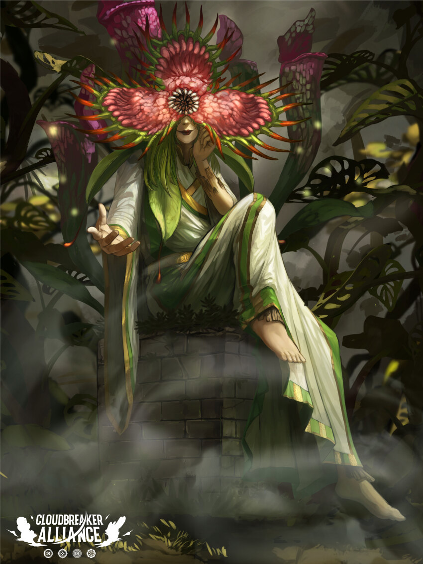 absurdres barefoot closed_mouth cloudbreaker_alliance copyright_name dress fantasy green_hair highres monster no_eyes offering_hand official_art sitting solo tagme yumo80295386