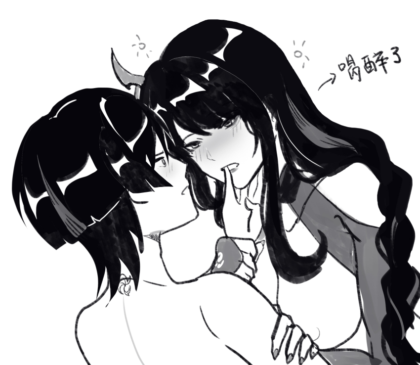 1boy 1girl artistic_error bags_under_eyes birthmark blunt_bangs blunt_ends blush breasts chinese_text covered_collarbone finger_in_another&#039;s_mouth genshin_impact greyscale half-closed_eyes hand_on_another&#039;s_arm hand_on_another&#039;s_face hetero highres incest large_breasts lips long_hair looking_at_another low-braided_long_hair low-tied_long_hair mitsudomoe_(shape) mole mole_under_eye momogourami monochrome mother_and_son open_mouth raiden_shogun scaramouche_(genshin_impact) shrug_(clothing) sidelocks swept_bangs tomoe_(symbol) topless_male translation_request wide-eyed