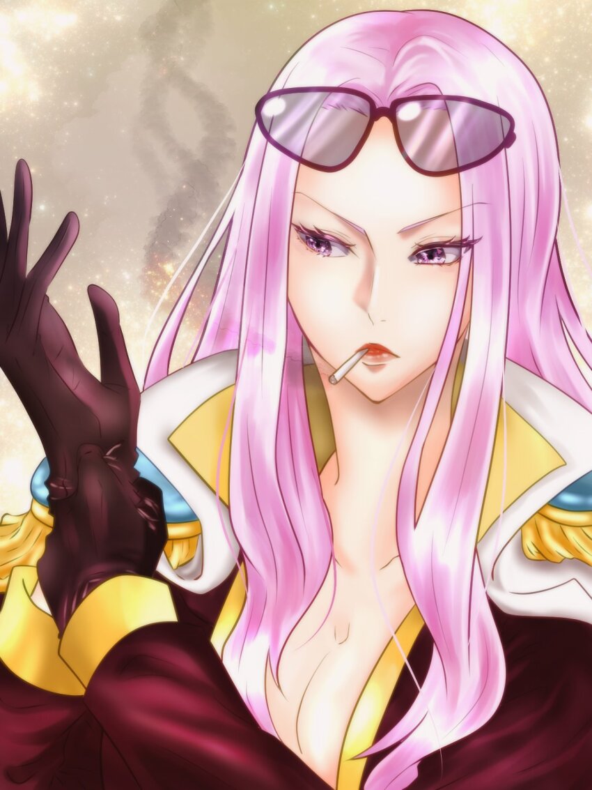 1girl adjusting_clothes adjusting_gloves brown_gloves cigarette coat coat_on_shoulders collared_coat collared_shirt detective_0414 epaulettes eyewear_on_head gloves highres hina_(one_piece) long_hair one_piece pink_eyes pink_hair red_lips shirt smoke solo upper_body yellow_shirt