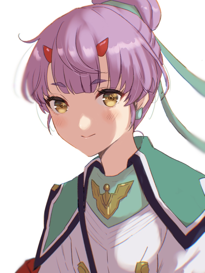 1girl closed_mouth earrings fiona_(xenoblade) hair_bun highres horns jacket jewelry looking_at_viewer purple_hair simple_background single_hair_bun smile solo upper_body white_background white_jacket xenoblade_chronicles_(series) xenoblade_chronicles_3 yamamori_kinako yellow_eyes