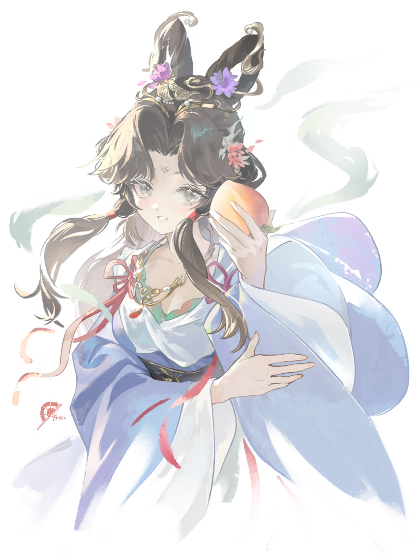 1girl absurdres black_eyes black_hair chinese_clothes eyelashes facial_mark feixianji_(hairstyle) flower food forehead_mark fruit grin hagoromo hair_flower hair_ornament hair_rings hand_up hanfu highres holding holding_food holding_fruit huadian jewelry jiu_niangzi jiu_niangzi_(blossom_spring_fairy) looking_at_viewer necklace official_alternate_costume parted_bangs peach pink_flower purple_flower purple_hanfu reverse:1999 shawl sidelocks smile solo trico upper_body white_background white_shawl wide_sleeves