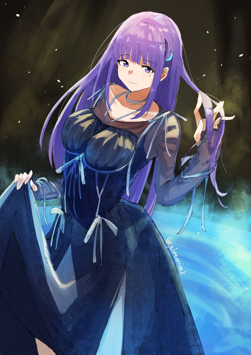 1girl 22/7 absurdres artist_name ato_de_wakaru_koto center-flap_bangs collarbone cycloneactionx dress dutch_angle fanged_bangs feet_out_of_frame hair_ornament highres holding holding_own_hair ichinose_hotaru long_hair long_sleeves looking_down mole mole_under_eye purple_eyes purple_hair ribbon see-through_clothes see-through_sleeves skirt_hold smile solo standing water white_ribbon