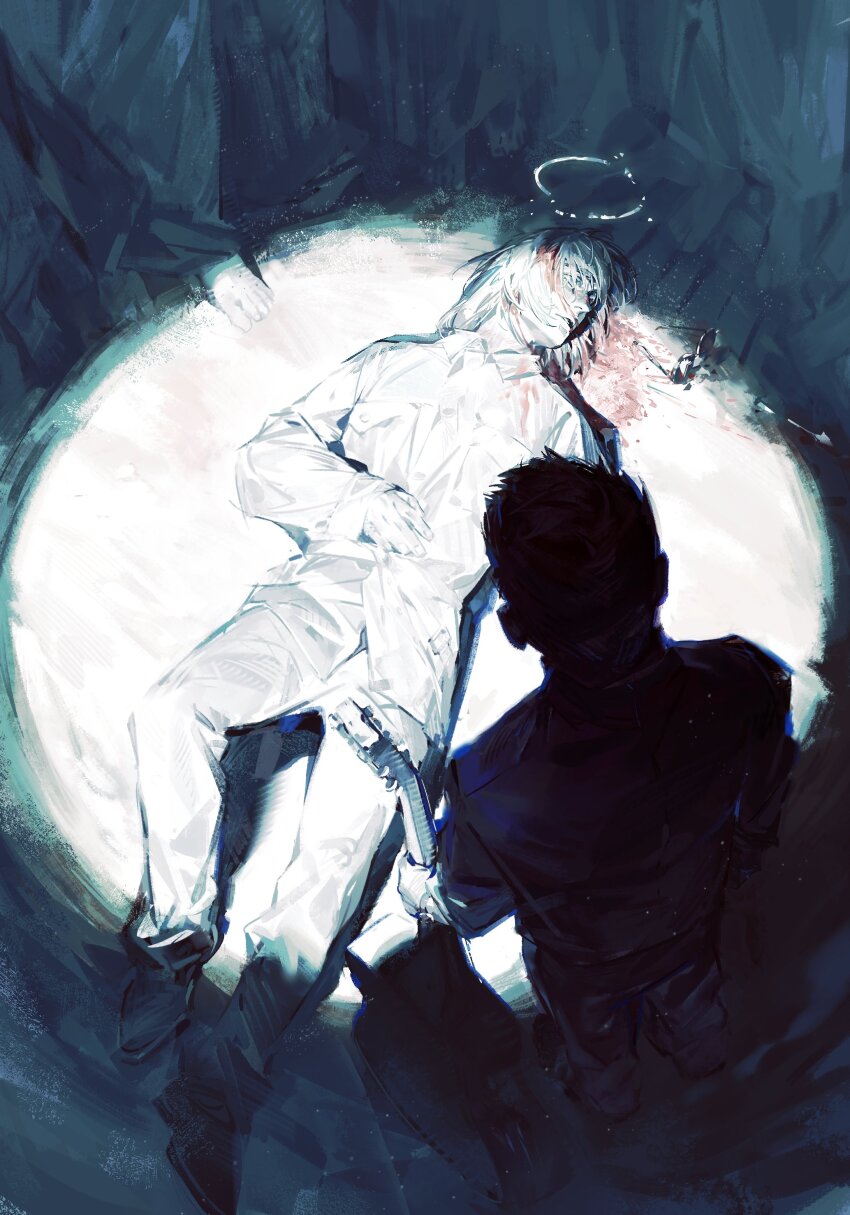 absurdres aquan_error barefoot black_hair blood blood_in_hair blood_on_clothes blood_on_face blood_on_ground boots closed_eyes collared_shirt from_above full_body glasses grey_boots grey_robe guitar halo hand_on_own_stomach highres holding holding_guitar holding_instrument implied_murder instrument knee_up light_particles looking_at_another lying medium_hair multiple_monochrome on_back on_floor open_mouth original oversized_clothes parted_lips people robe shirt silhouette spot_color spotlight standing surrounded white_hair white_shirt