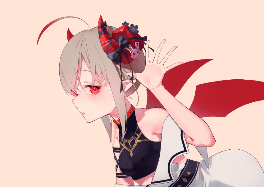 1girl absurdres ahoge bare_shoulders belt belt_collar bent_over black_flower black_undershirt breasts collar cream_background cross-laced_clothes cross-laced_top curled_horns demon_girl demon_horns demon_wings dress dyed_ahoge flower from_side gold_trim grey_hair hair_between_eyes hand_up heart heart_sticker highres horn_ornament horn_ribbon horns looking_at_viewer makaino_ririmu makaino_ririmu_(1st_costume) multicolored_hair nijisanji off-shoulder_dress off_shoulder open_hand palms parted_lips pixie_cut pointy_ears red_collar red_eyes red_hair red_horns red_wings ribbon shirt_under_dress short_hair sidelocks simple_background small_breasts solo sticker streaked_hair titi_titi upper_body virtual_youtuber white_dress wings