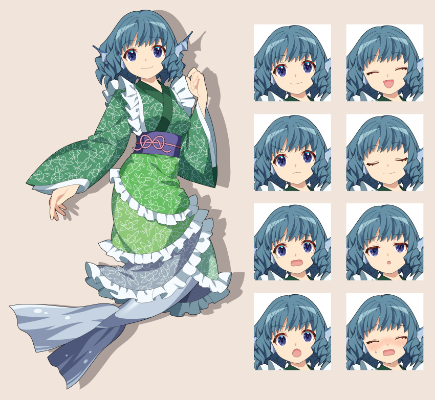 1girl 4rion :d :o absurdres blue_eyes blue_hair blue_sash blush breasts closed_eyes closed_mouth drill_hair drill_sidelocks multiple_expressions fins frilled_kimono frills full_body green_kimono happy head_fins highres japanese_clothes kimono kneeless_mermaid long_sleeves looking_at_viewer medium_breasts medium_hair mermaid monster_girl multiple_views obi open_mouth sash sidelocks simple_background smile standing tachi-e touhou v-shaped_eyebrows wakasagihime wide_sleeves