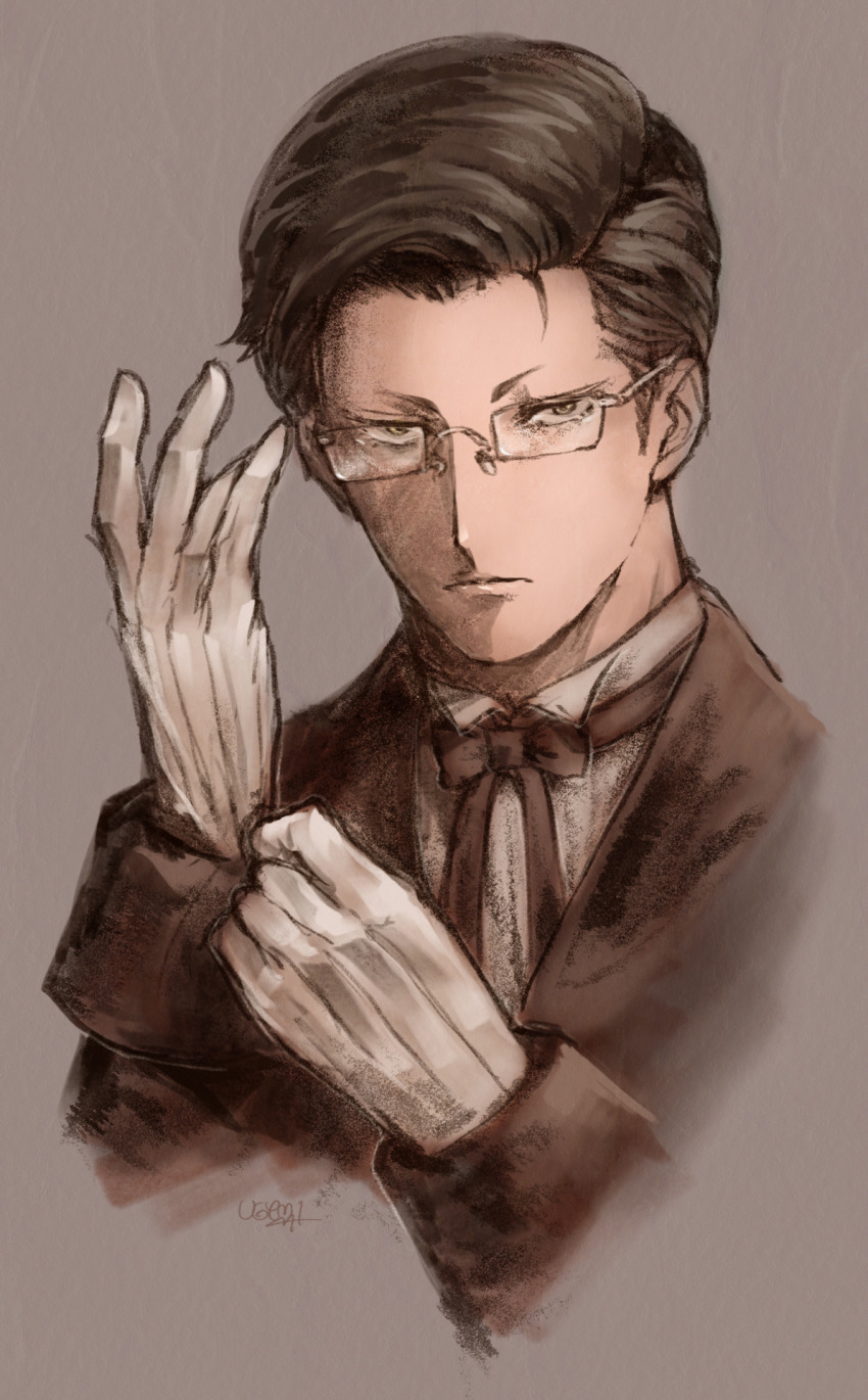 1boy artist_name bad_id bad_tumblr_id black_hair bow bowtie food_fighter_441 glasses gloves grey_background hein_(kof) highres male_focus portrait simple_background solo the_king_of_fighters the_king_of_fighters_xiv traditional_media yellow_eyes