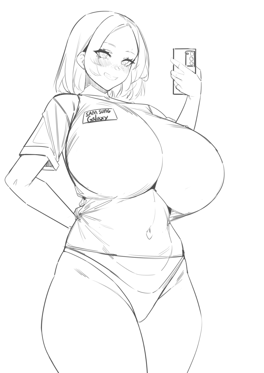 1girl absurdres bad_link breasts cellphone greyscale highres huge_breasts monochrome phone product_girl ruliweb samsung_sam short_hair sketch smartphone smile sogogistew solo thick_thighs thighs unfinished white_background wide_hips
