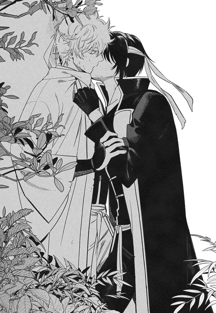 2boys against_wall bandaged_head bandages black_hair branch bruise bruise_on_face closed_eyes clothes_grab collarbone gauntlets gintama greyscale high_collar highres injury japanese_clothes kimono kiss leaf leg_between_thighs long_sleeves male_focus messy_hair monochrome multiple_boys pinned ryousuke_(tukr5384) sakata_gintoki short_hair takasugi_shinsuke translation_request white_background white_kimono yaoi
