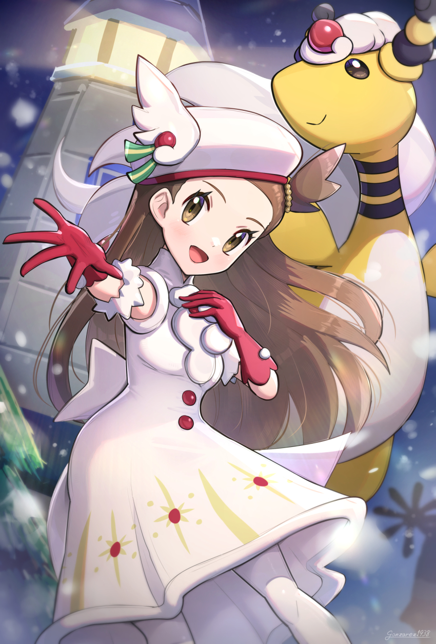 ampharos gen_2_pokemon gloves gonzarez highres jasmine_(holiday_2022)_(pokemon) jasmine_(pokemon) mega_ampharos mega_pokemon nintendo official_alternate_costume pokemon pokemon_(creature) pokemon_masters_ex red_gloves wing_hat_ornament
