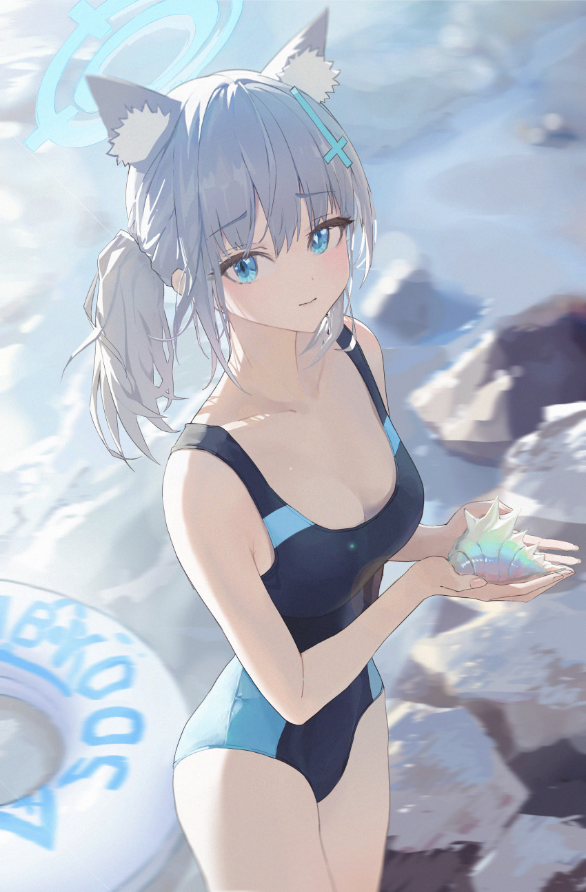 0dd 1girl absurdres animal_ear_fluff animal_ears black_one-piece_swimsuit blue_archive blue_eyes breasts cleavage competition_swimsuit covered_navel cross_hair_ornament extra_ears grey_hair hair_ornament halo highres innertube low_ponytail medium_breasts medium_hair mismatched_pupils multicolored_swimsuit official_alternate_costume one-piece_swimsuit ponytail rock sea_slug shiroko_(blue_archive) shiroko_(swimsuit)_(blue_archive) solo swim_ring swimsuit water wolf_ears