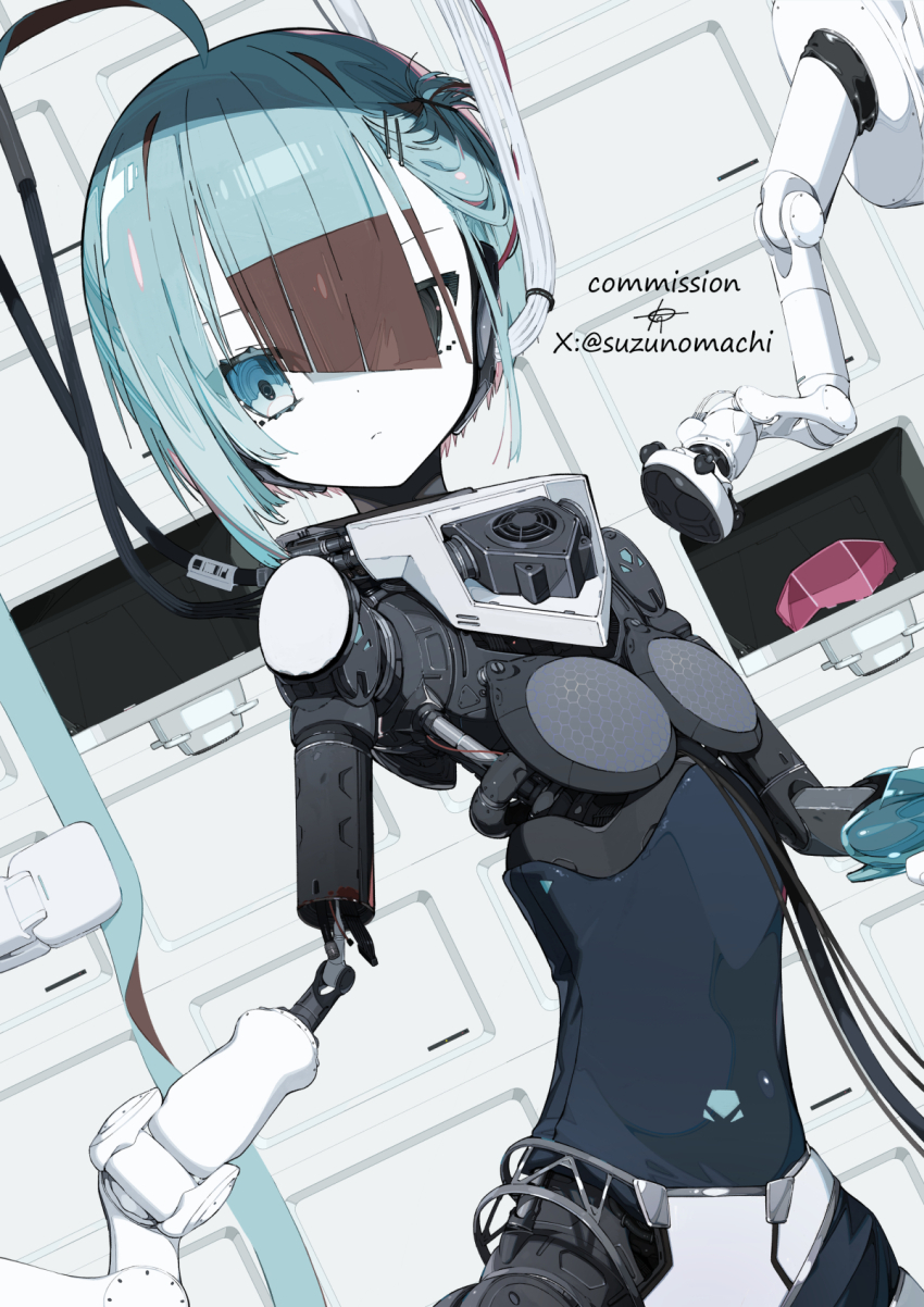 1girl ahoge blue_eyes blue_hair breasts brown_hair cable colored_skin commission cowboy_shot hair_over_eyes highres huge_ahoge joints looking_at_viewer maintenance mechabare multicolored_hair original piston repairing robot_girl robot_joints short_hair skeb_commission small_breasts solo suzukou two-tone_hair white_skin
