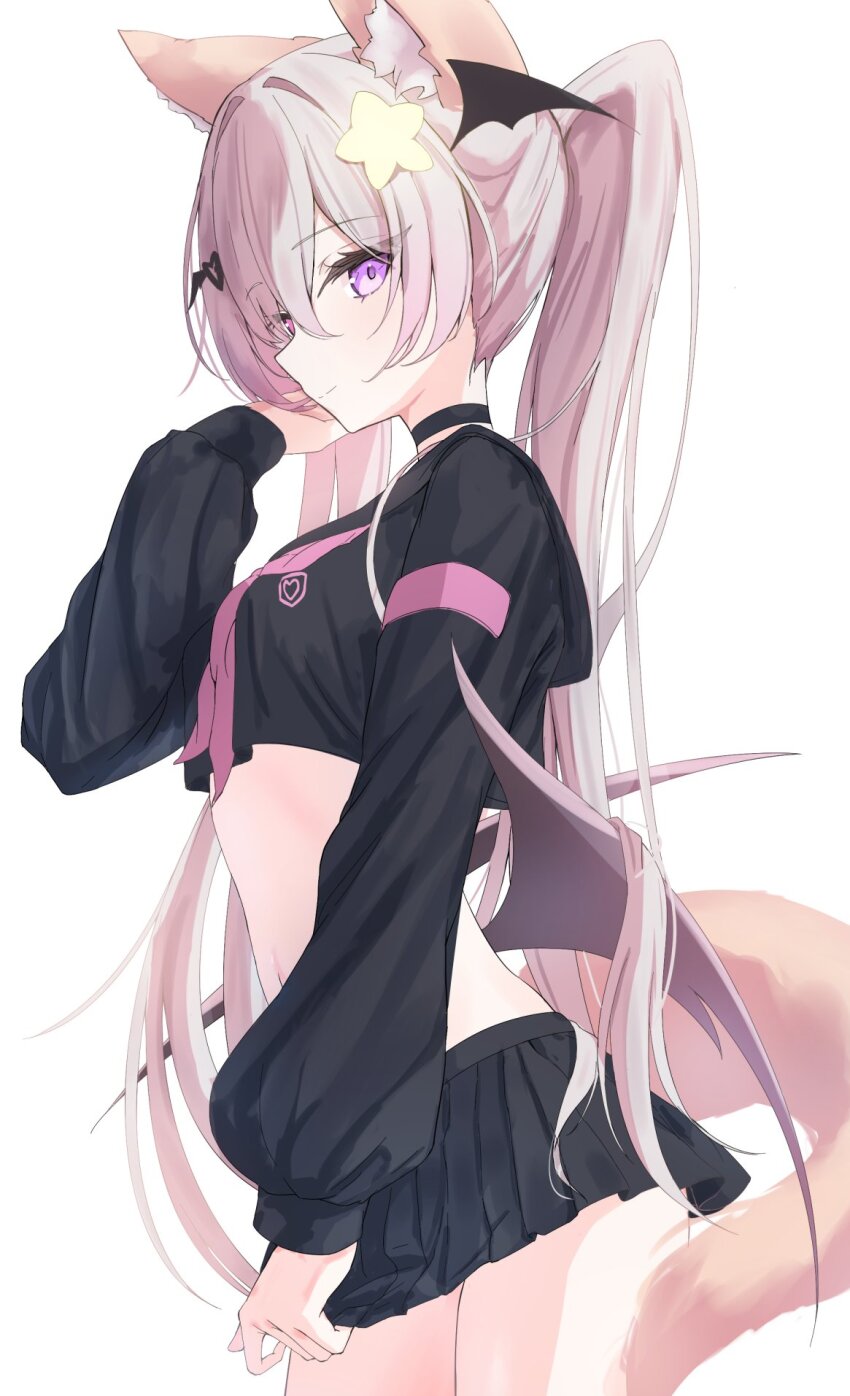 1girl animal_ear_fluff animal_ears annytf arm_up armband black_choker black_shirt black_skirt black_sleeves choker commentary cowboy_shot cropped_shirt facing_to_the_side fox_ears fox_girl fox_tail hair_between_eyes hair_ornament head_wings heart heart_hair_ornament highres indie_virtual_youtuber izuno_(izunoyoshiki) light_smile long_hair long_sleeves low_wings midriff miniskirt navel neckerchief pink_armband pink_neckerchief pleated_skirt profile puffy_sleeves pulling_own_clothes purple_eyes shirt sidelocks simple_background skirt solo standing star_(symbol) star_hair_ornament stomach symbol-only_commentary tail twintails virtual_youtuber white_background white_hair wings