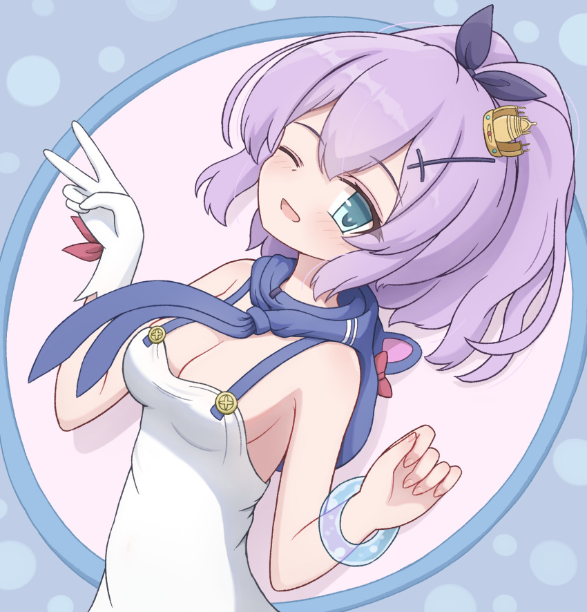 1girl animal_ear_hood azur_lane blush bow bracelet breasts camisole cleavage commentary_request cross_hair_ornament crown dvomil fake_animal_ears fingernails gloves hair_bow hair_ornament high_ponytail highres hood hood_down javelin_(azur_lane) jewelry medium_breasts medium_hair mini_crown one_eye_closed open_mouth polka_dot polka_dot_background ponytail purple_bow purple_eyes purple_hair simple_background single_glove smile solo tilted_headwear v white_camisole wide_ponytail