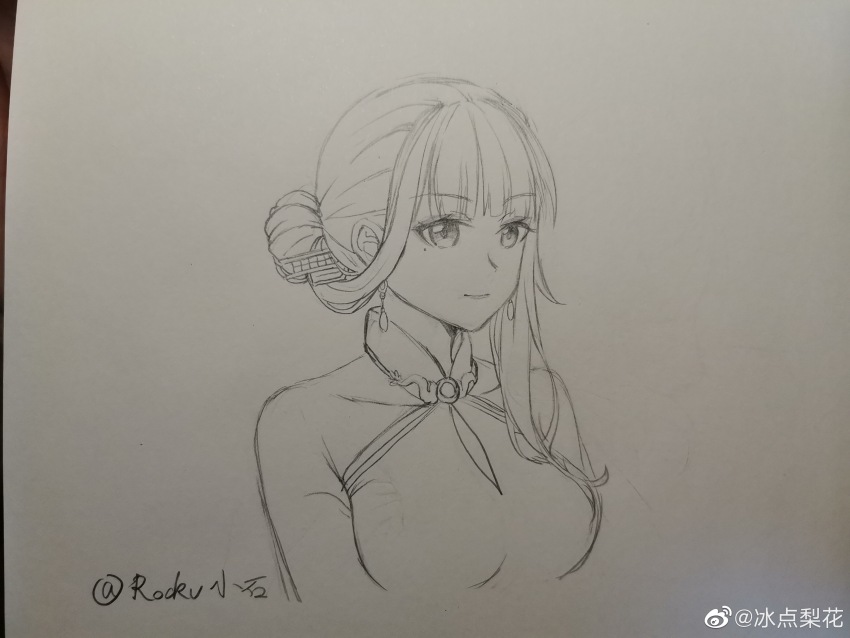 1girl absurdres artist_name bare_shoulders bingdian_lihua blunt_bangs breasts china_dress chinese_clothes closed_mouth collarbone cropped_torso dress earrings greyscale hair_bun highres jewelry lineart medium_breasts mole mole_under_eye monochrome sidelocks_tied_back single_hair_bun single_sidelock sketch smile solo traditional_media twitter_username upper_body warship_girls_r watermark weibo_watermark yat_sen_(warship_girls_r)
