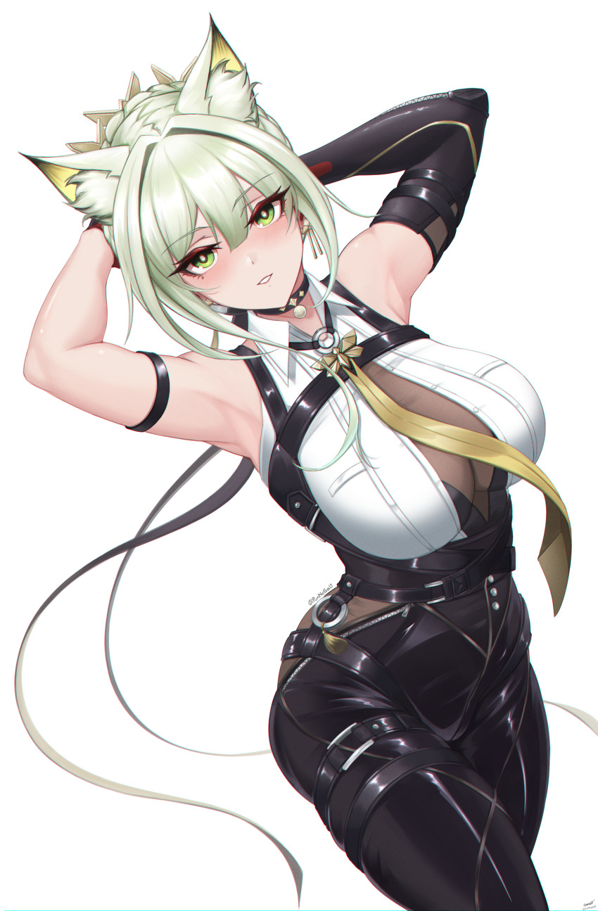 1girl absurdres animal_ear_fluff animal_ears arknights arm_strap armpits arms_behind_head arms_up bare_shoulders black_choker black_pants breasts cat_ears choker chromatic_aberration cosplay cowboy_shot evelyn_chevalier evelyn_chevalier_(cosplay) hair_between_eyes highres hikasa_youko kal&#039;tsit_(arknights) leggings necktie pants presenting_armpit punnosalt revision shirt simple_background sleeveless sleeveless_shirt solo standing thighs variant_set voice_actor_connection white_background white_shirt yellow_necktie zenless_zone_zero