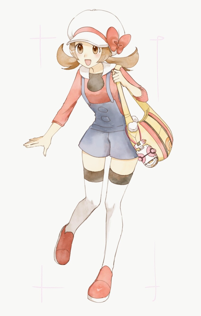 1girl :d asuka_rkgk bow brown_eyes brown_hair creatures_(company) full_body game_freak hand_up happy hat hat_bow highres holding_strap knees long_hair lyra_(pokemon) nintendo open_mouth overalls pokegear pokemon pokemon_hgss red_bow red_shirt red_shoes shirt shoes smile solo standing thighhighs twintails white_background white_hat white_thighhighs yellow_bag