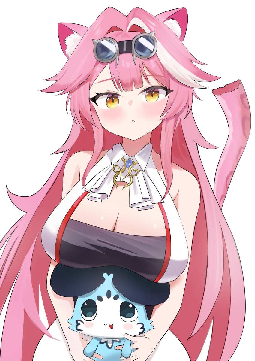 1girl :&lt; a-tamin absurdres animal_ears ascot bare_shoulders black_tube_top blue_gemstone blush breasts chattino_(raora_panthera) cleavage closed_mouth collared_shirt colored_inner_hair commentary gem goggles goggles_on_head hair_intakes highres hololive hololive_english jewelry large_breasts long_hair looking_at_viewer multicolored_hair panther_ears panther_girl panther_tail pink_hair raora_panthera raora_panthera_(1st_costume) shirt simple_background sleeveless sleeveless_shirt strapless streaked_hair tail tube_top two-tone_hair virtual_youtuber white_ascot white_background white_shirt yellow_eyes