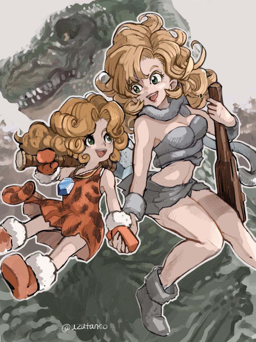 2girls ayla_(chrono_trigger) blonde_hair blue_eyes breasts chrono_cross chrono_trigger club_(weapon) curly_hair dinosaur gloves highres leah long_hair mother_and_daughter multiple_girls open_mouth smile uzutanco weapon
