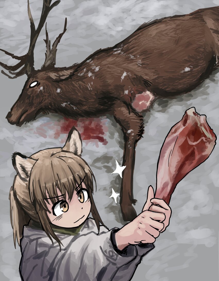 absurdres animal_ears blood blood_on_snow brown_eyes brown_hair dead_animal deer food fox_ears fox_girl fox_girl_(yihan1949) highres meat original ponytail snow yihan_world